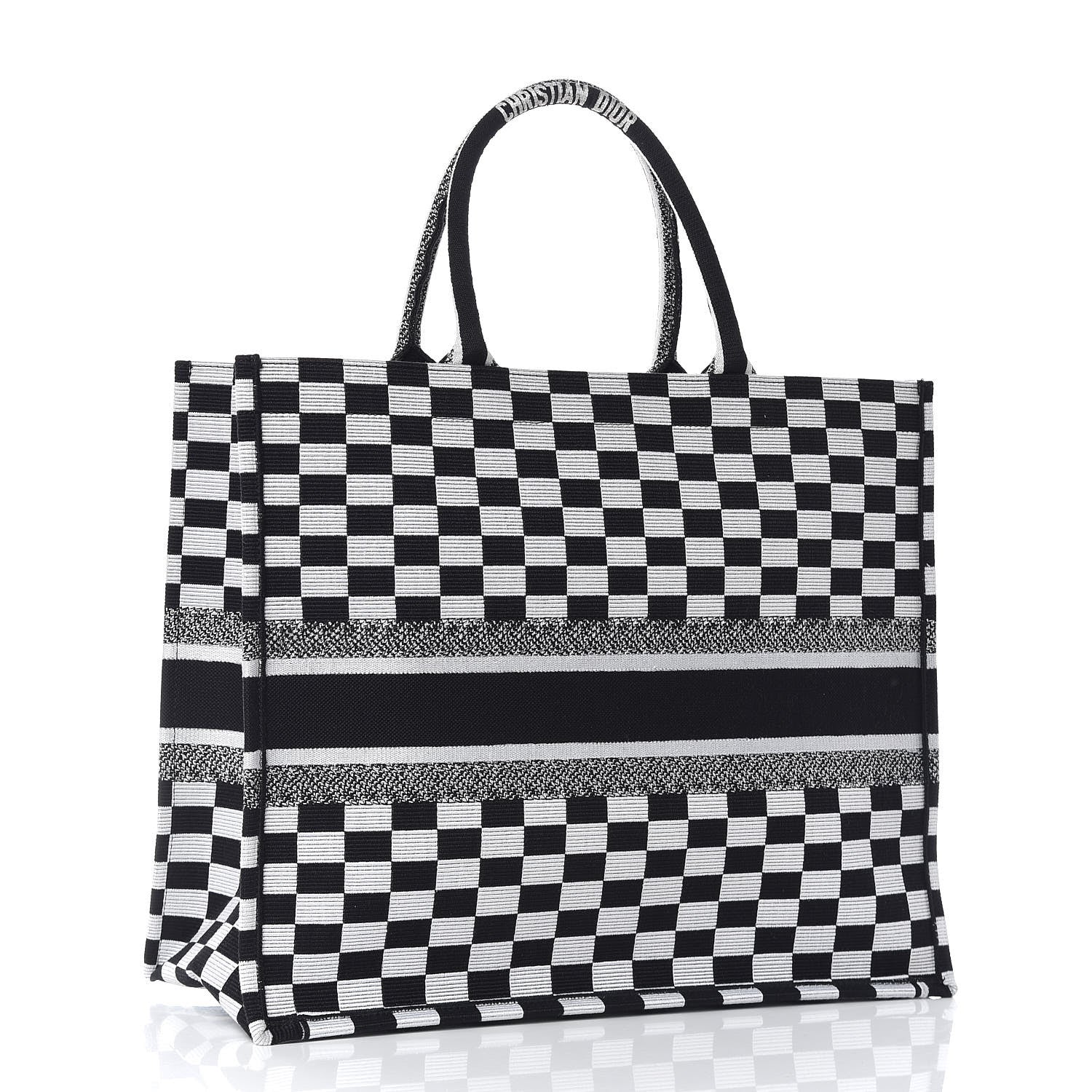 Christian Dior Canvas Embroidered Checkered Book Tote Black White 3 of 13