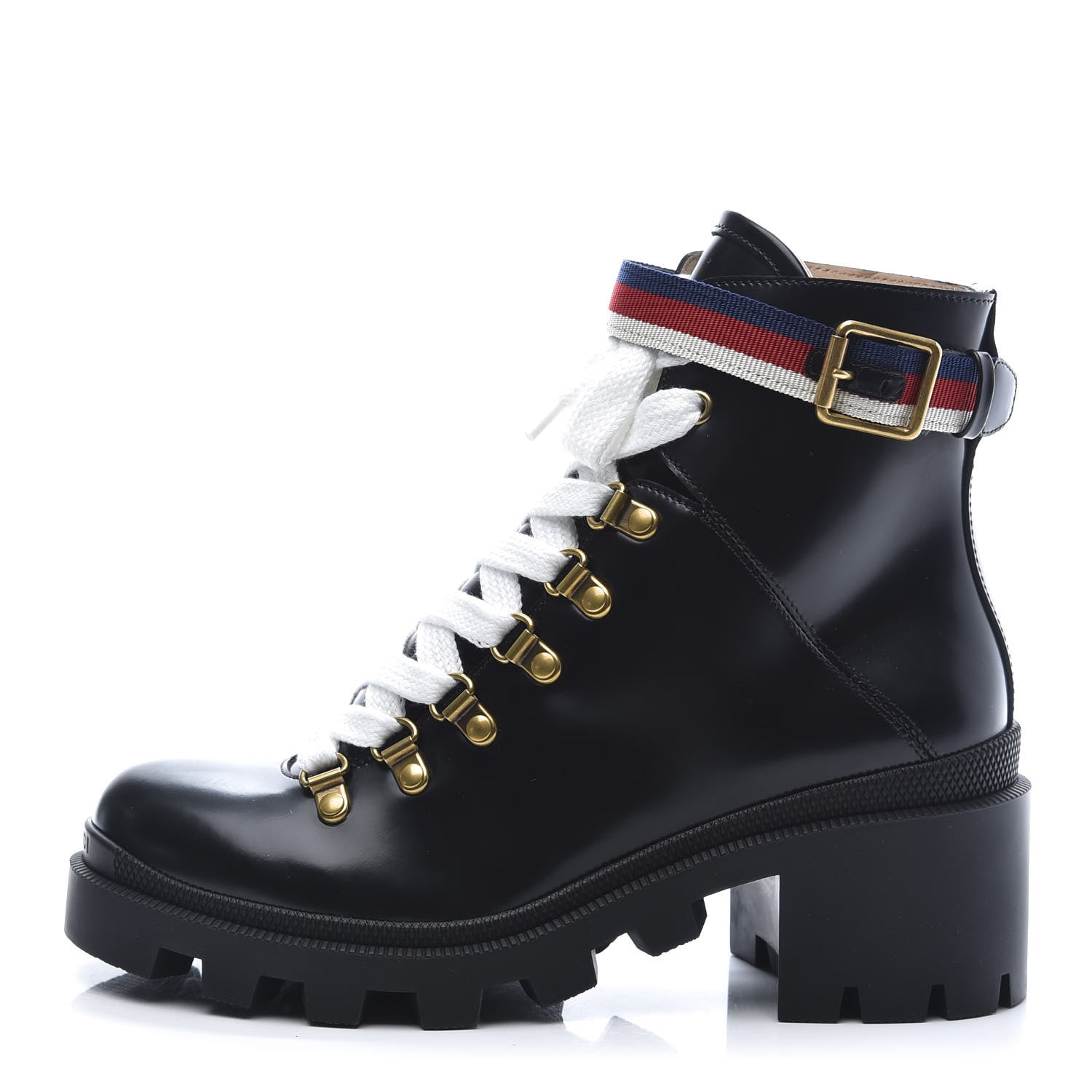 Gucci Calfskin Sylvie Web Lace Up Combat Boots 37 Black 1 of 9
