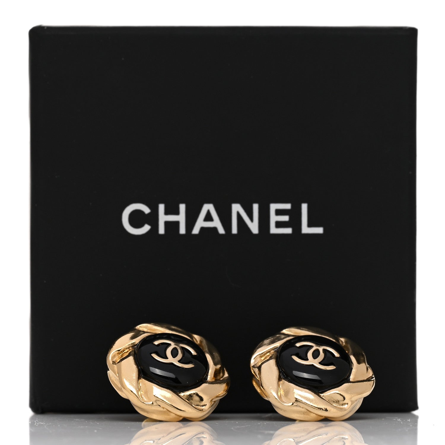Chanel Metal Resin CC Earrings Black Gold 5 of 5