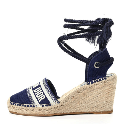 Christian Dior Canvas Embroidered Granville Ankle Tie Espadrille Wedges 39 Indigo Blue 1 of 8