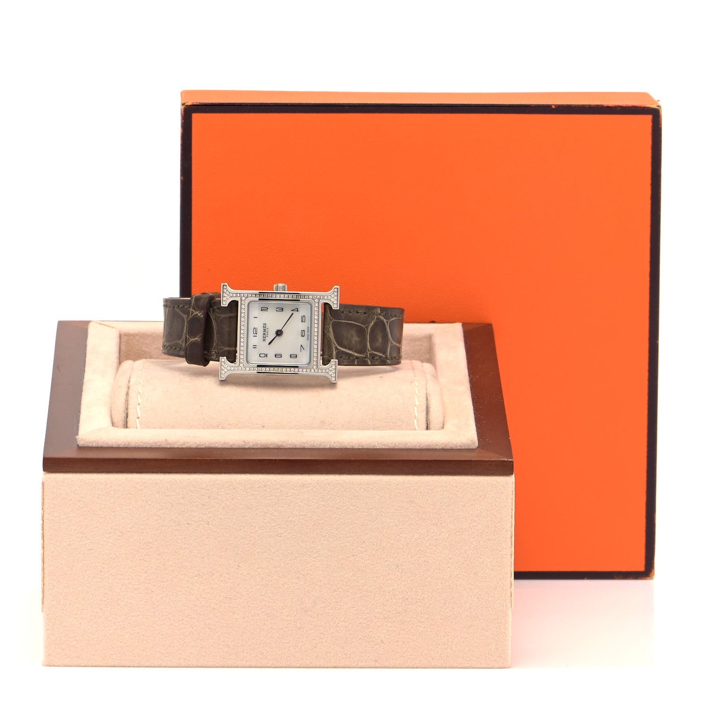 Stainless Steel Alligator Diamond Bezel Mother of Pearl 21mm Heure H Hour Quartz Watch Gris Elephant