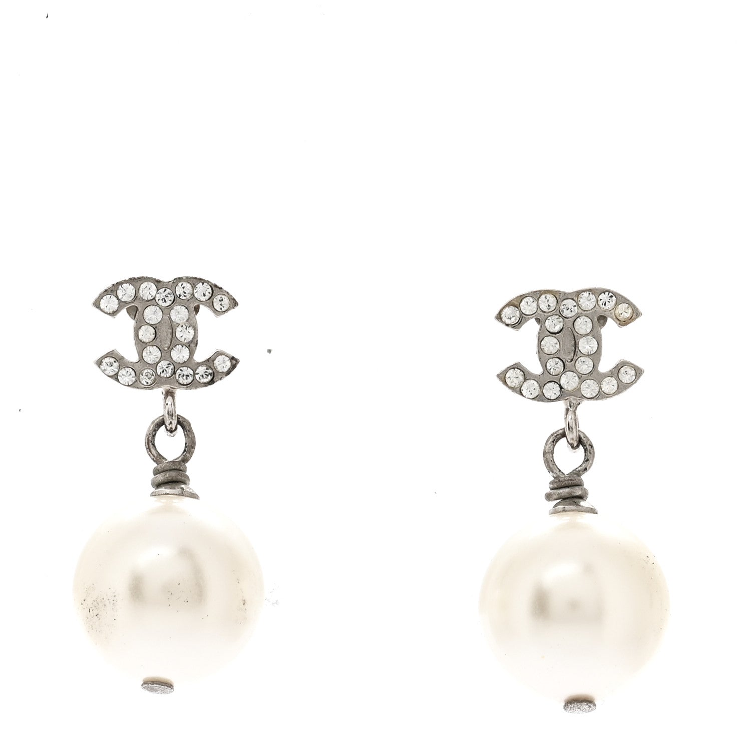 Chanel Crystal Pearl CC Drop Earrings Silver Pearly White 1 of 6