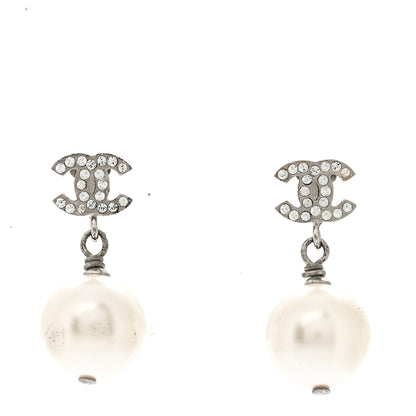 Chanel Crystal Pearl CC Drop Earrings Silver Pearly White 1 of 6