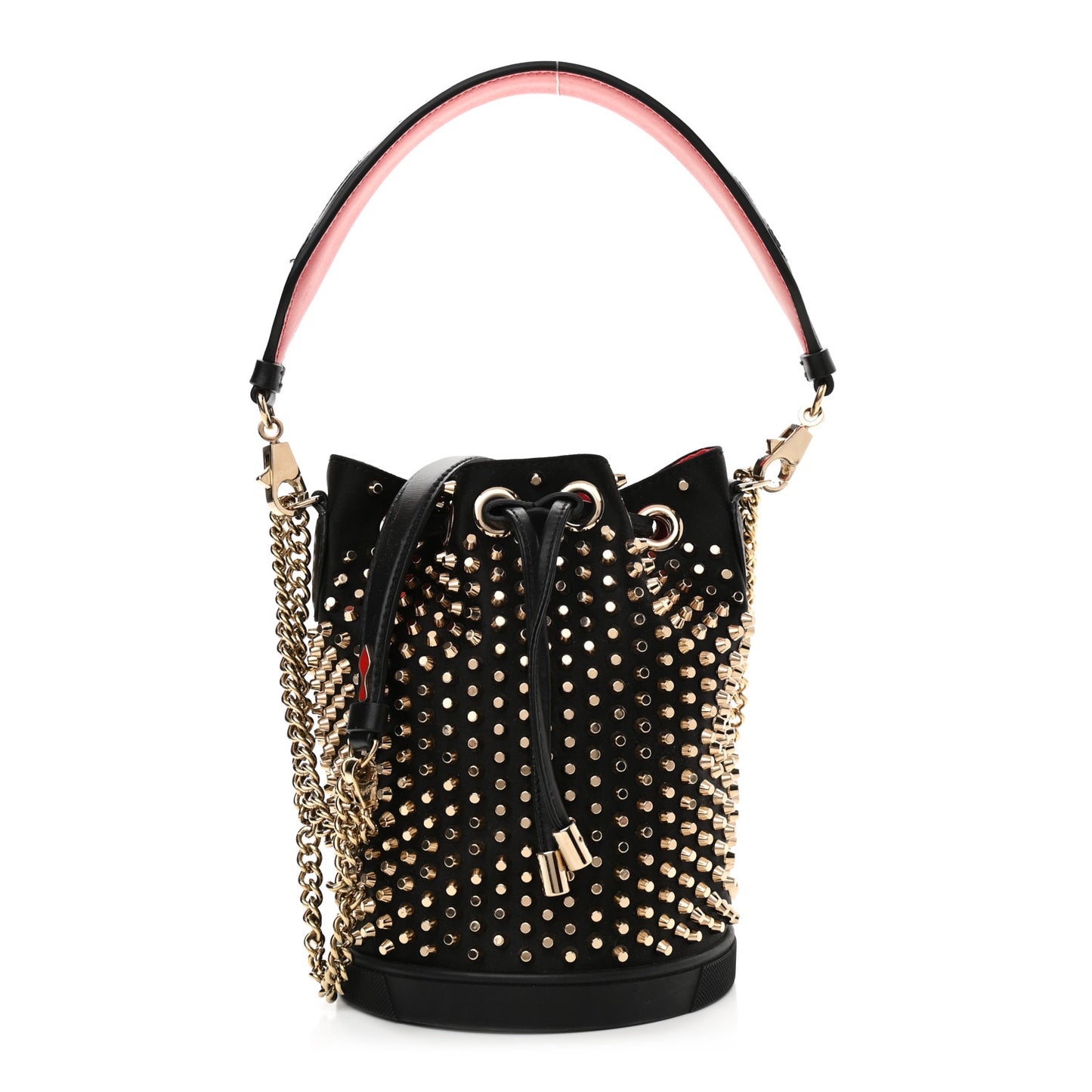 Silk Satin Calfskin Marie Jane Loubirun Studded Bucket Black Gold Platine