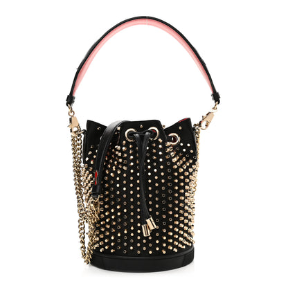 Christian Louboutin Silk Satin Calfskin Marie Jane Loubirun Studded Bucket Black Gold Platine 1 of 12