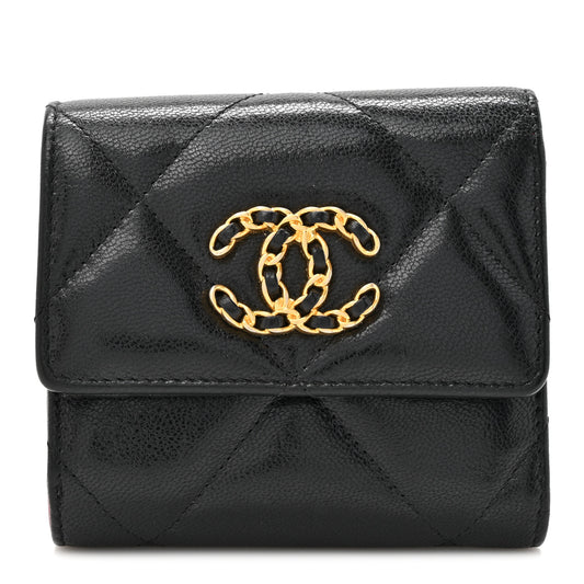 Goatskin Quilted Chanel 19 Small Flap Wallet Black