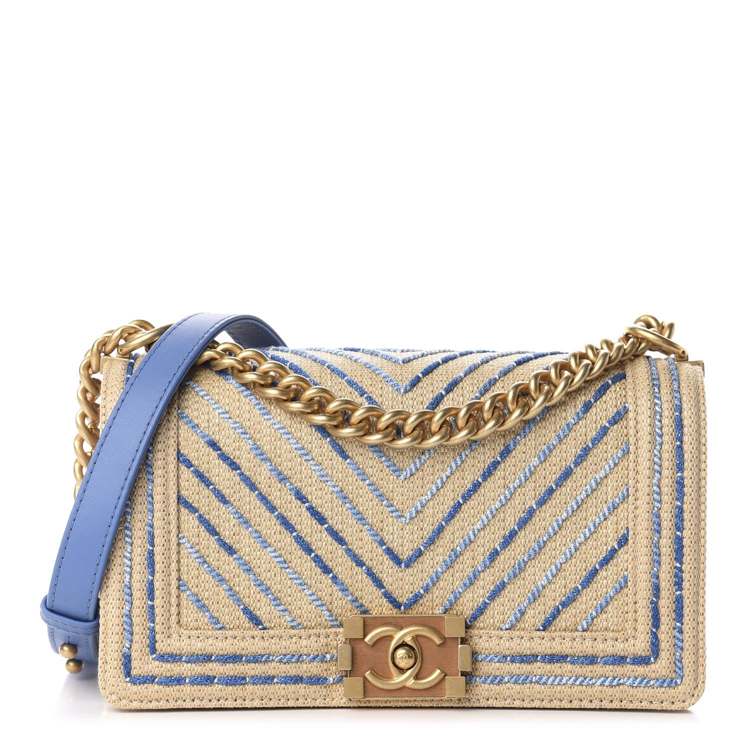 Chanel Cotton Canvas Calfskin Chevron Embroidered Medium Boy Flap Beige Blue 1 of 10