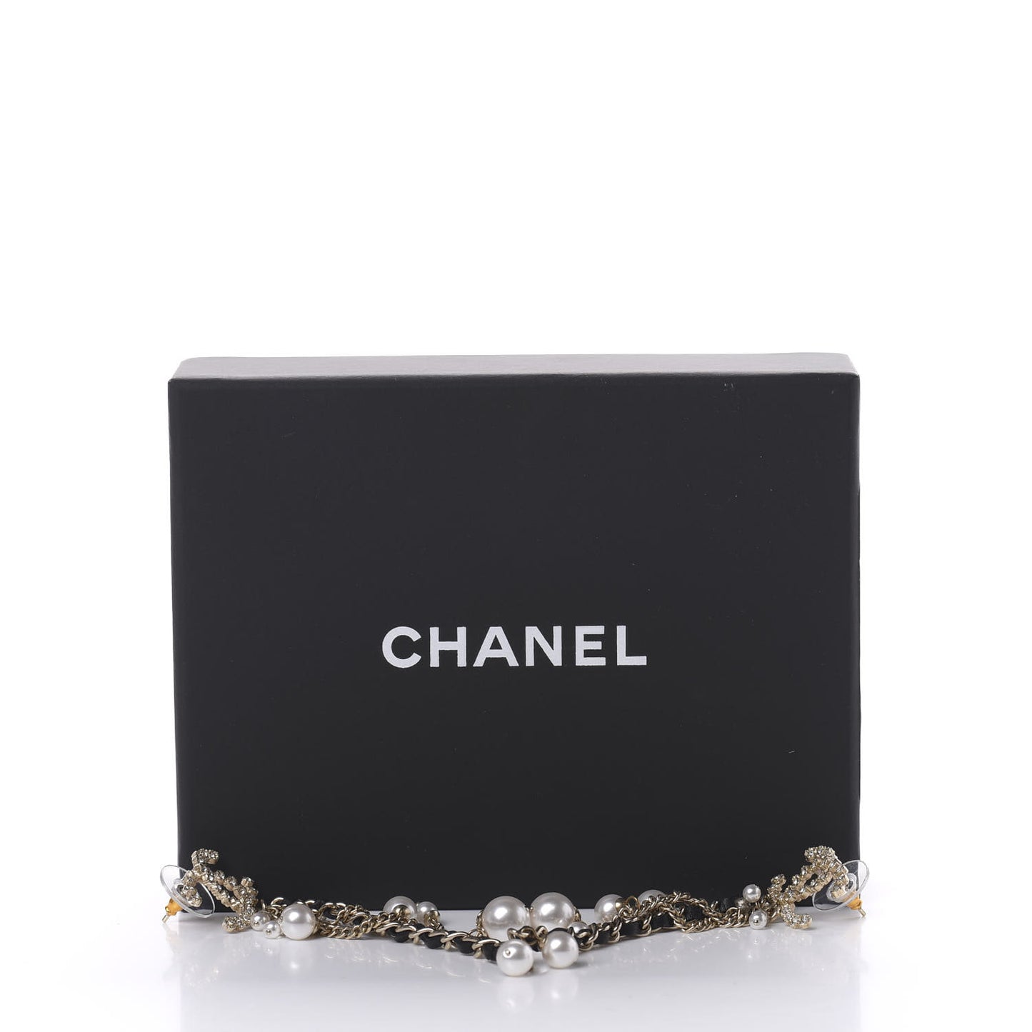 Pearl Crystal Lambskin Chain CC Dangle Earrings Gold