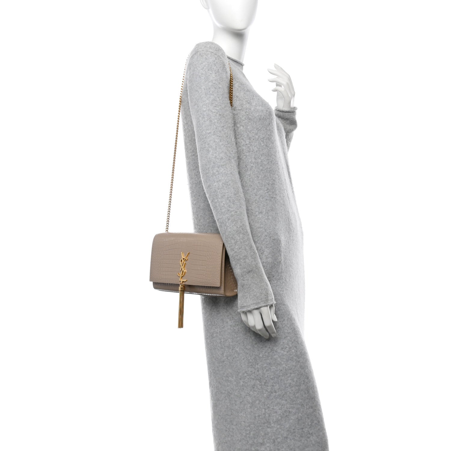 Saint Laurent Calfskin Crocodile Embossed Medium Classic Monogram Kate Tassel Satchel Dark Beige 2 of 11