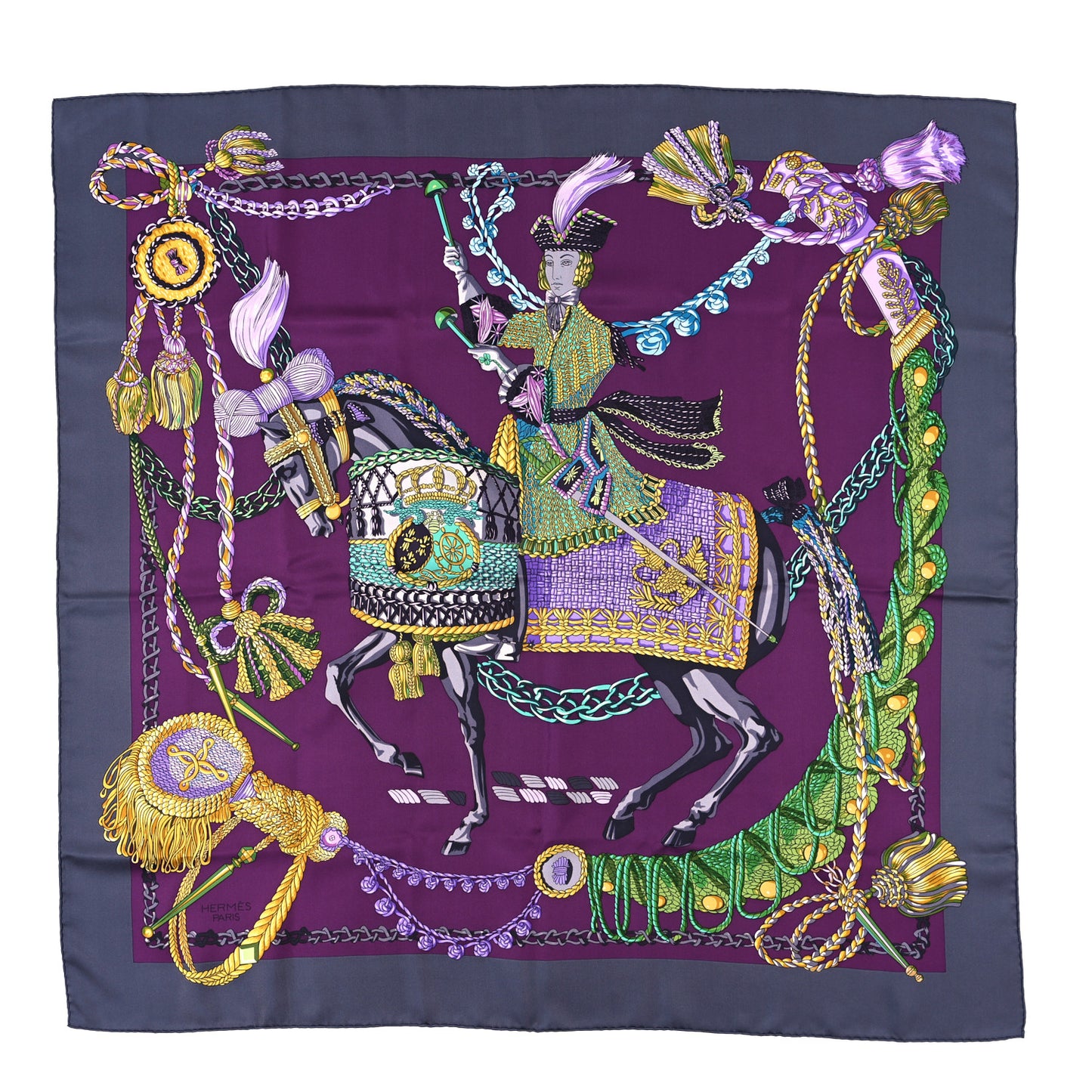 Silk Le Timbalier Scarf 90 Anthracite Violet Vert