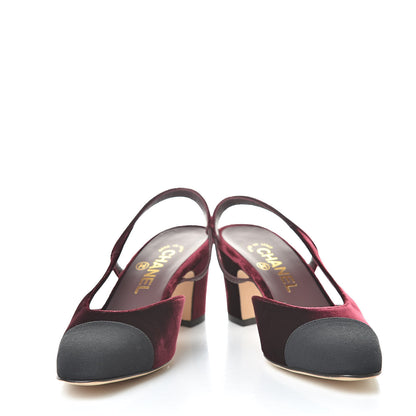 Chanel Velvet Grosgrain Cap Toe CC Slingback Pumps 37 Burgundy Black 5 of 10