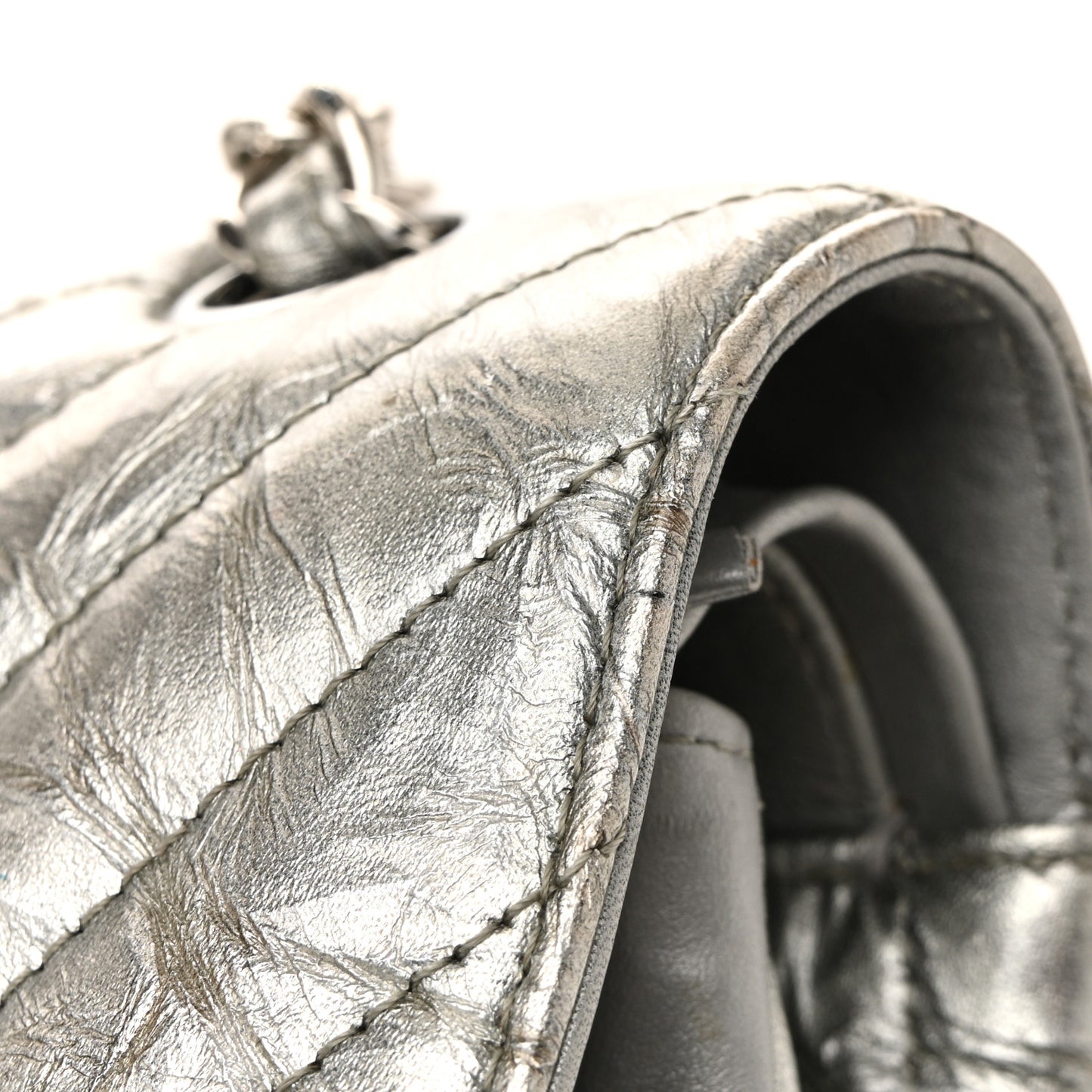 Metallic Patent Crumpled Calfskin Chevron Quilted Medium Double Flap Silver