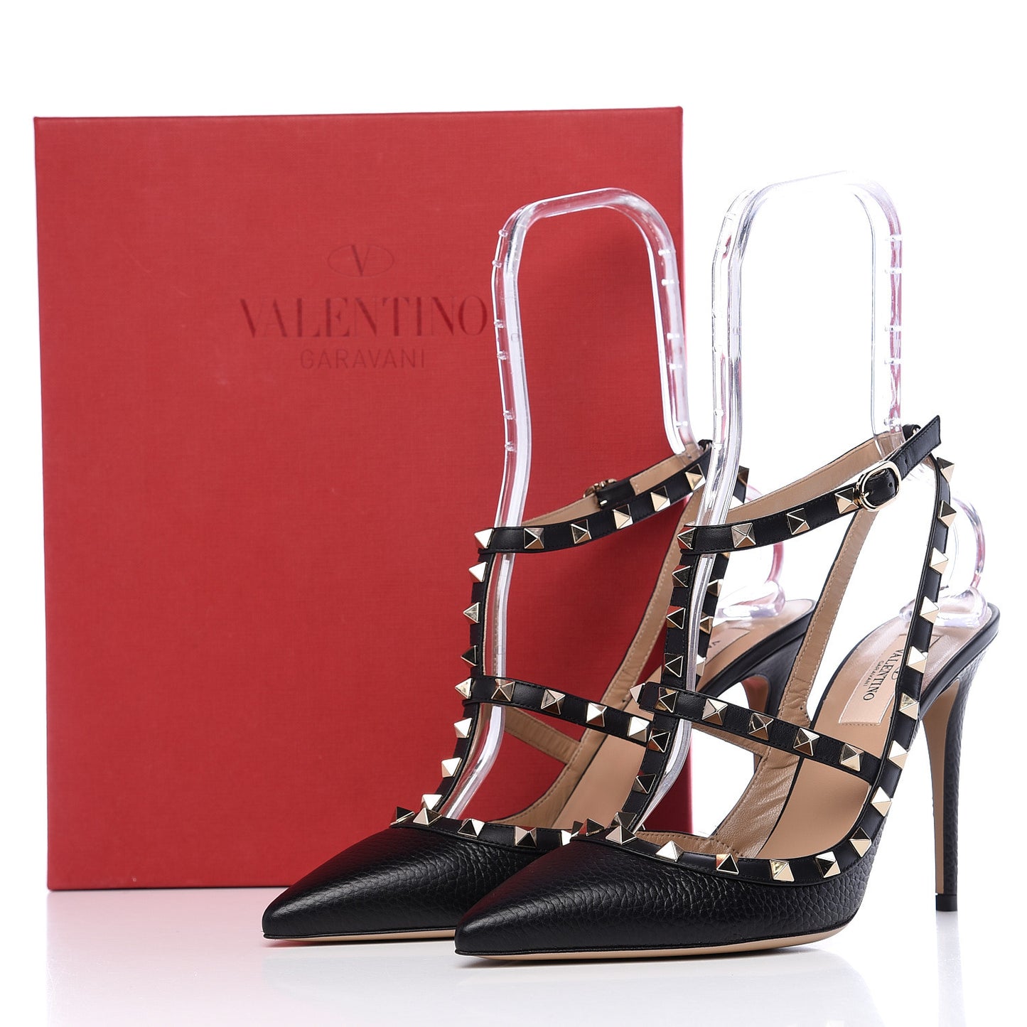 Pebbled Calfskin Rockstud Ankle Strap Pumps 40 Black