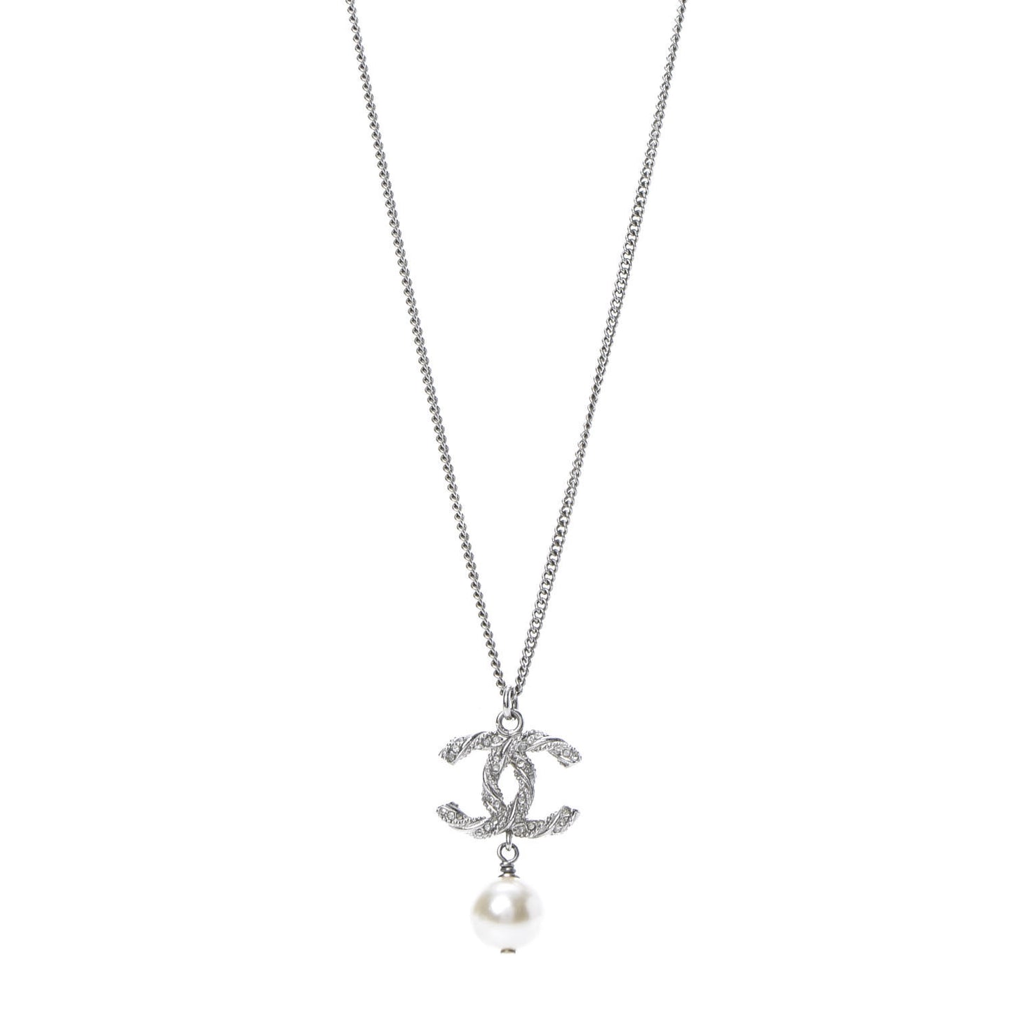 Crystal Pearl Twisted CC Drop Necklace Silver