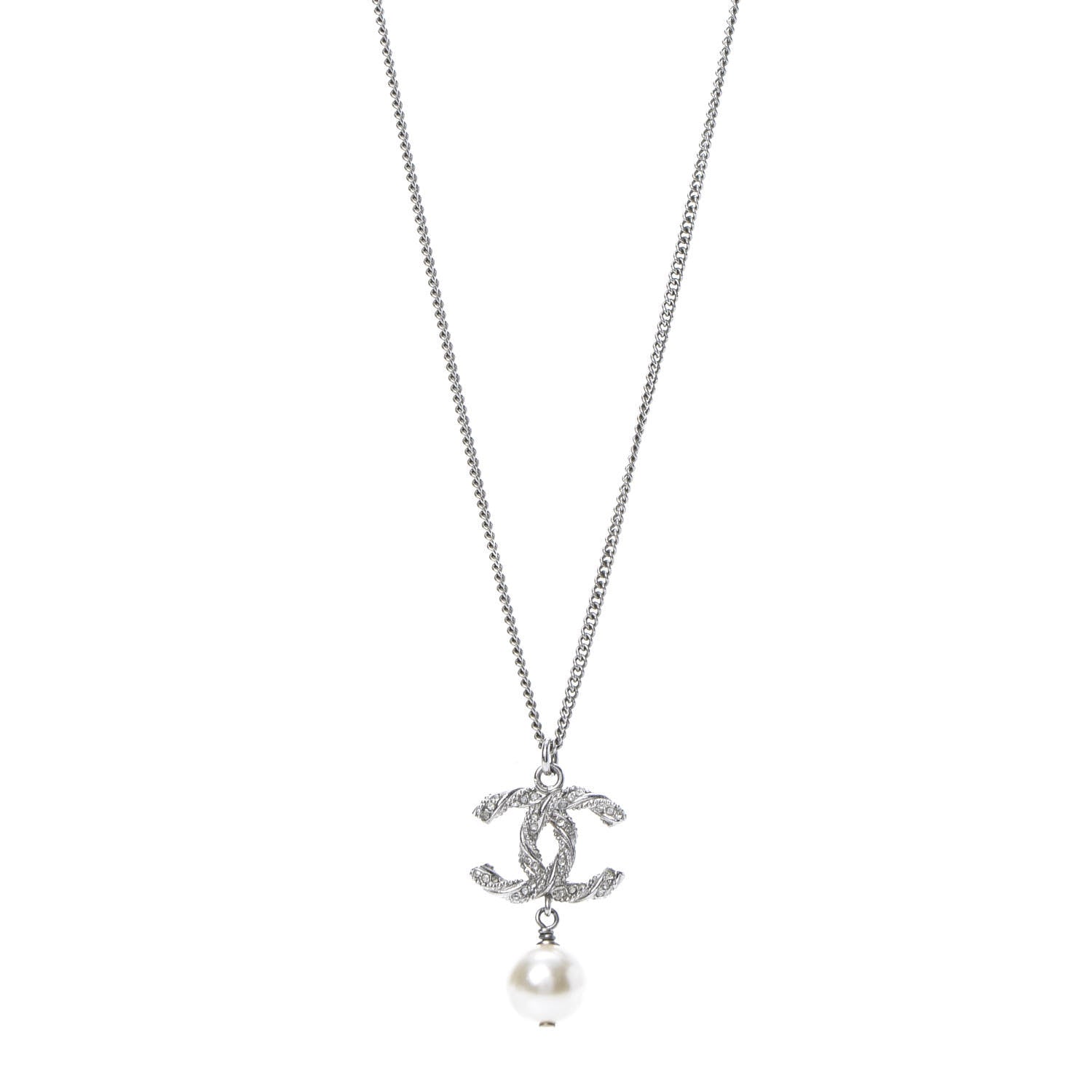 Chanel Crystal Pearl Twisted CC Drop Necklace Silver 1 of 5