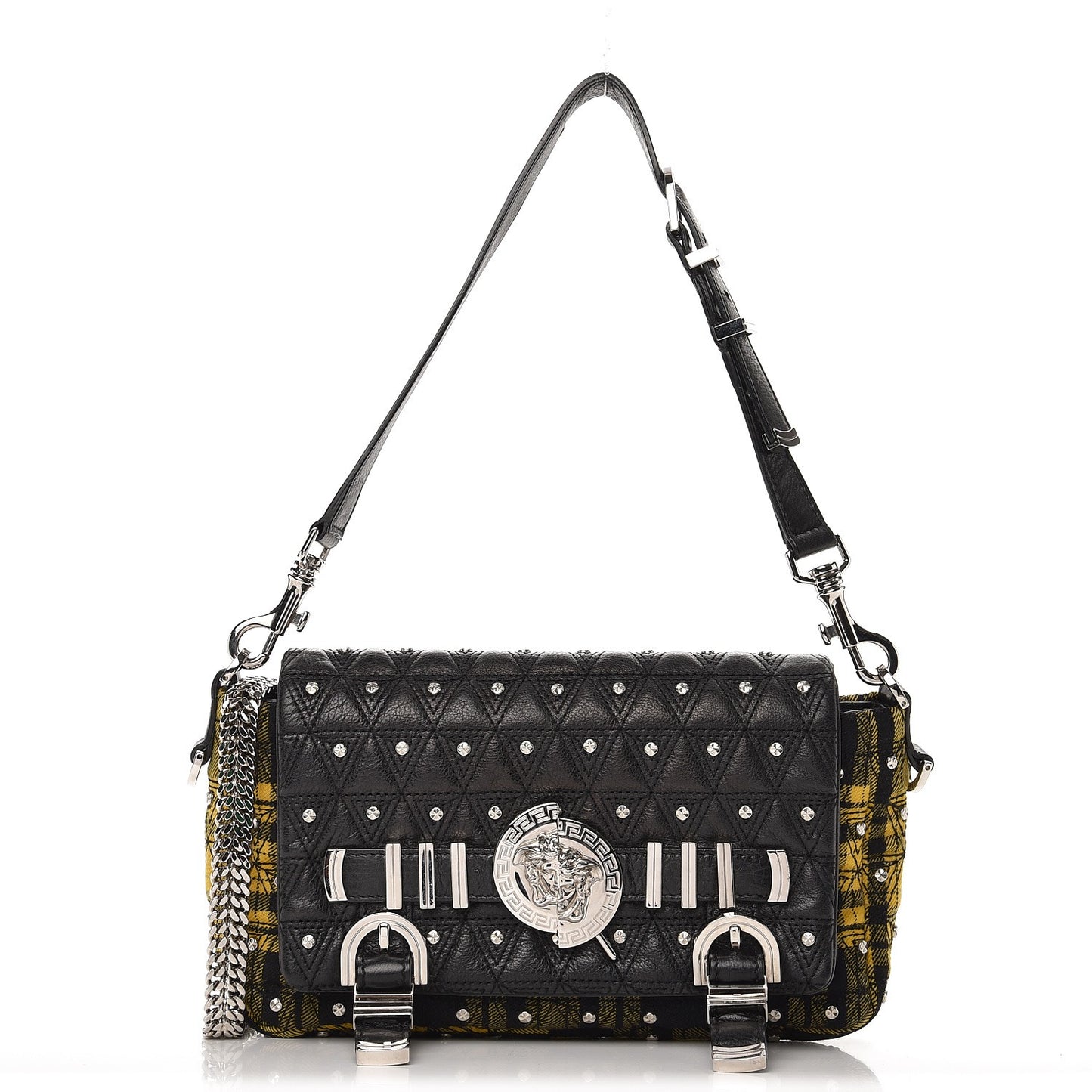 Calfskin Tartan Studded Medusa Chain Flap Bag Yellow