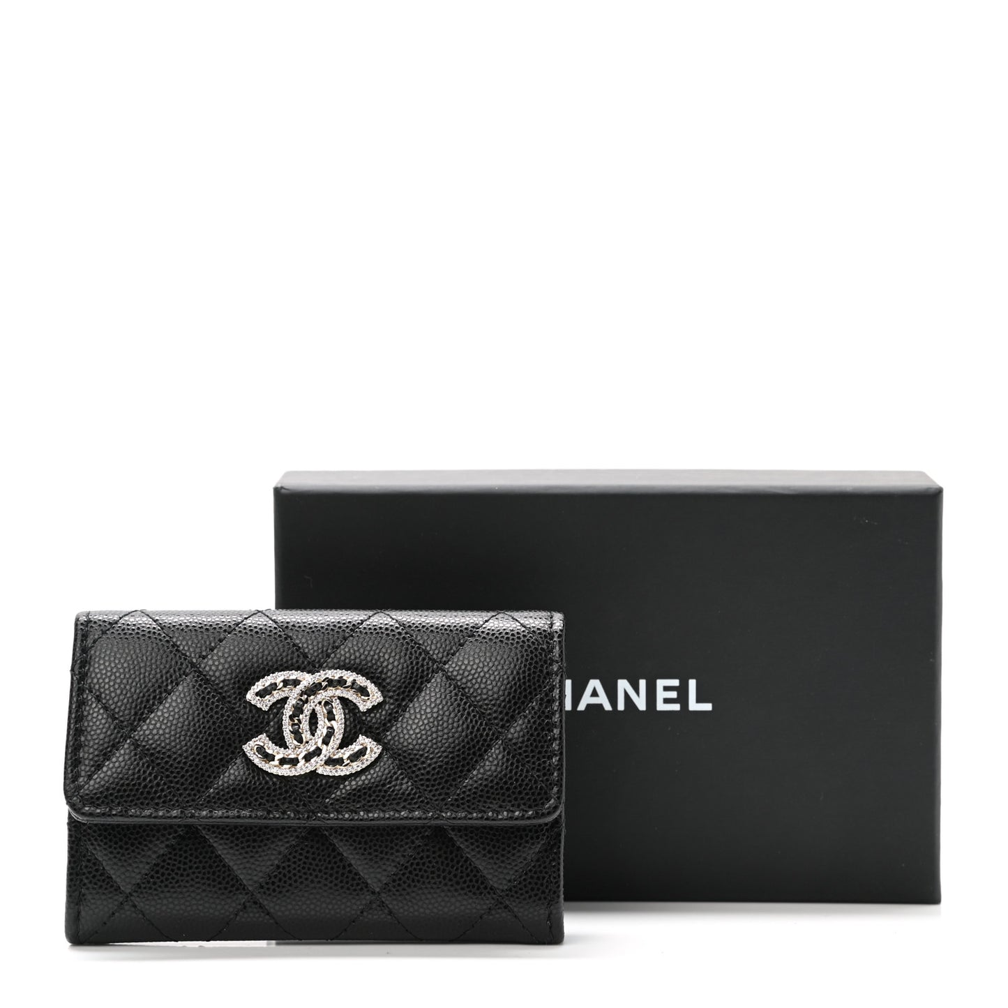 Caviar Quilted Crystal CC Flap Card Holder Black