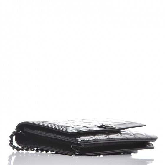 Shiny Aged Calfskin Quilted Boy Wallet On Chain WOC So Black