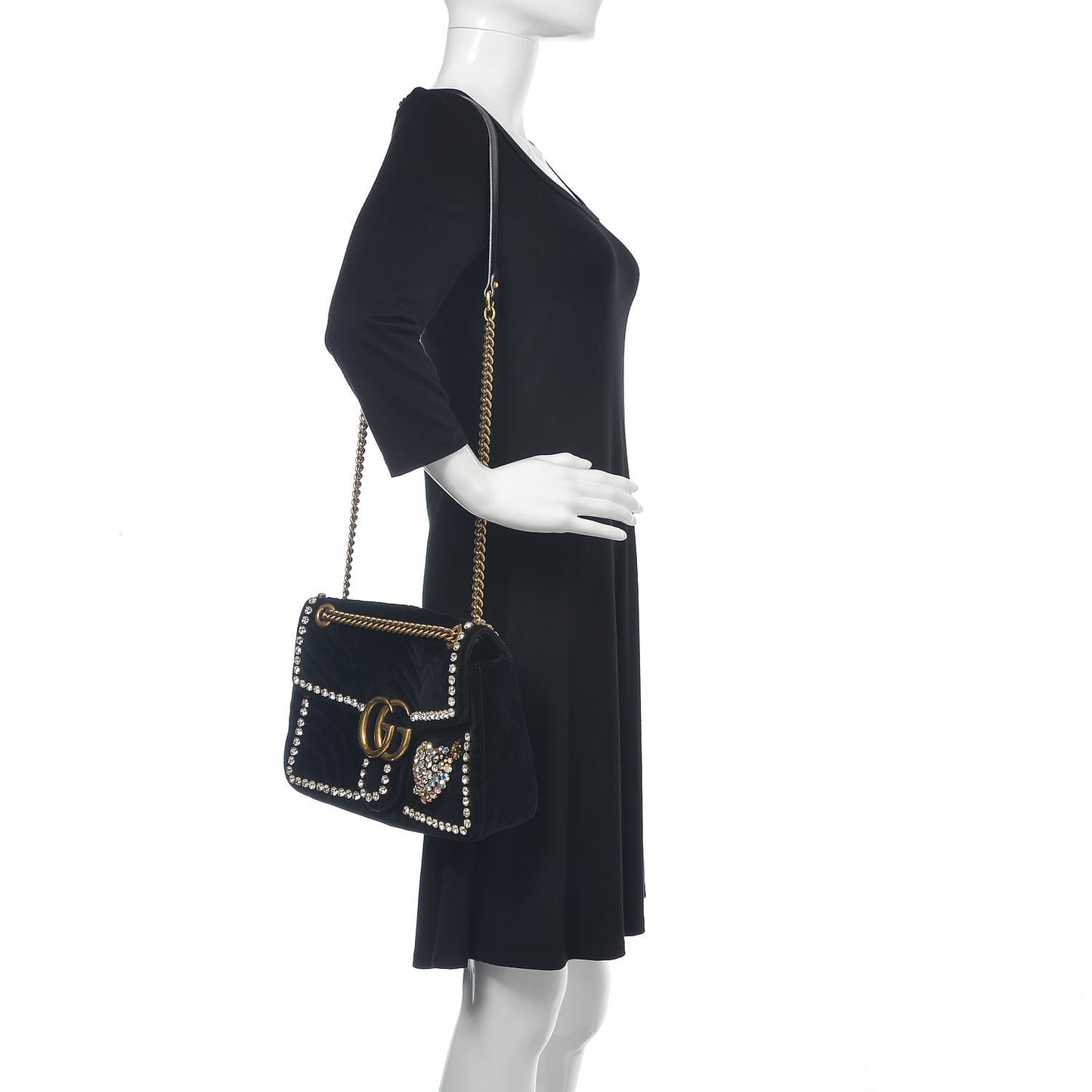 Velvet Matelasse Crystal Medium GG Marmont Shoulder Bag Black