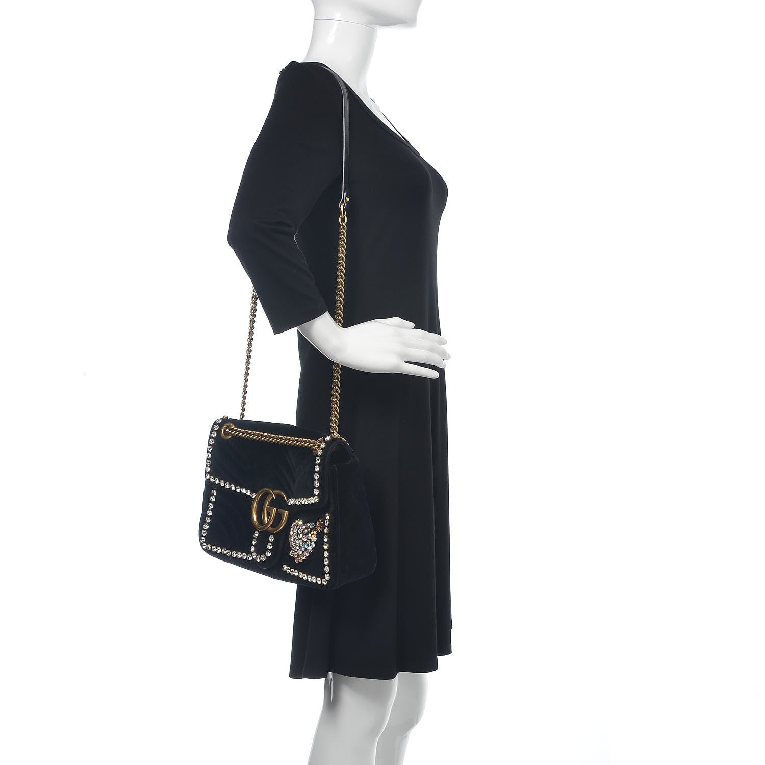 Gucci Velvet Matelasse Crystal Medium GG Marmont Shoulder Bag Black 2 of 10