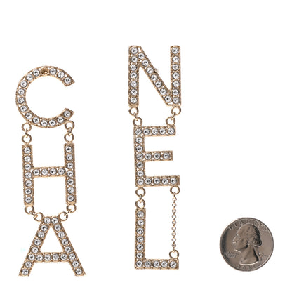 Chanel Crystal Cha-Nel Logo Drop Earrings Gold 2 of 6