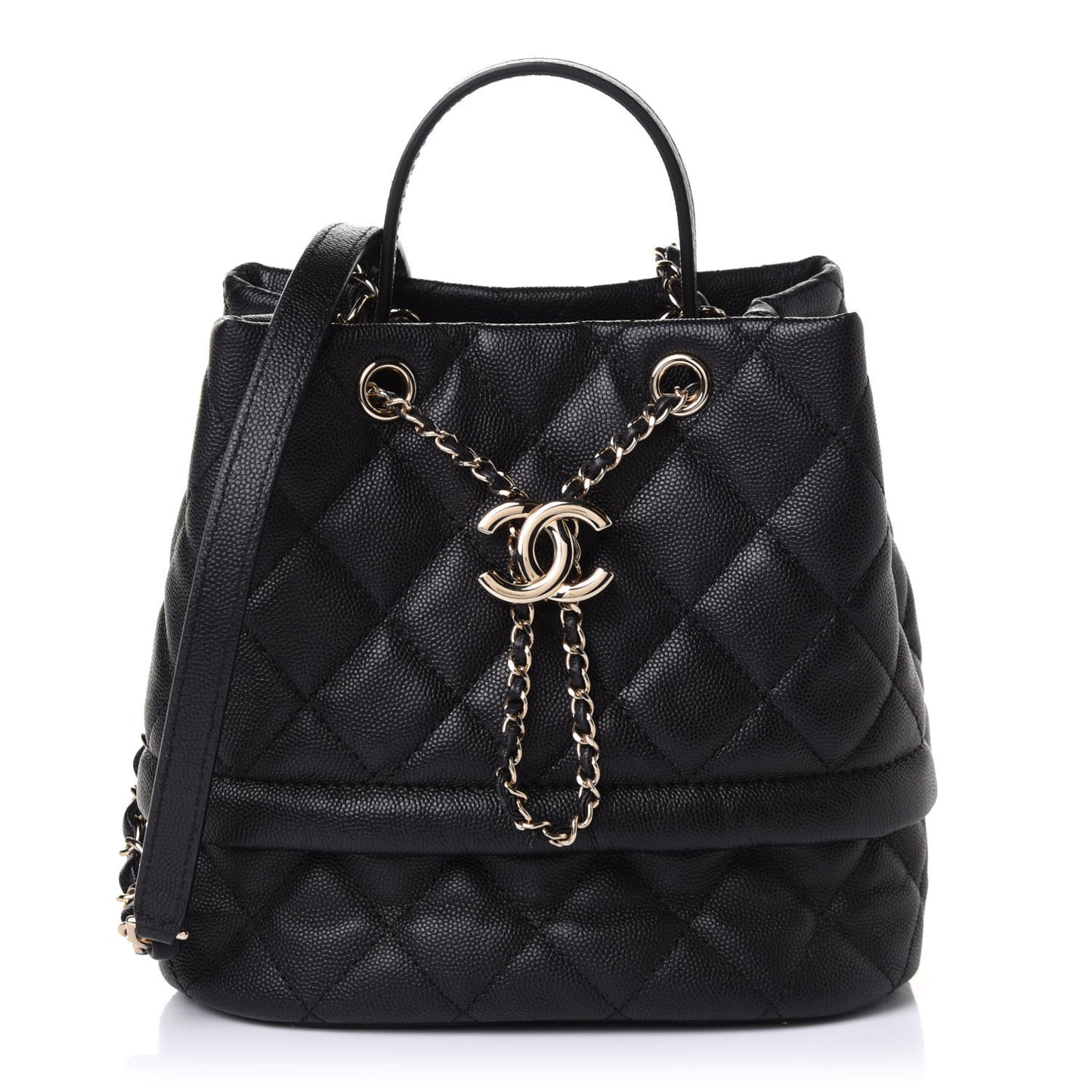 Caviar Quilted Rolled Up Bucket Drawstring Bag Black
