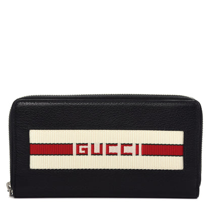 Gucci Textured Calfskin Jacquard Gucci Stripe Zip Around Wallet Black Ecru 1 of 8