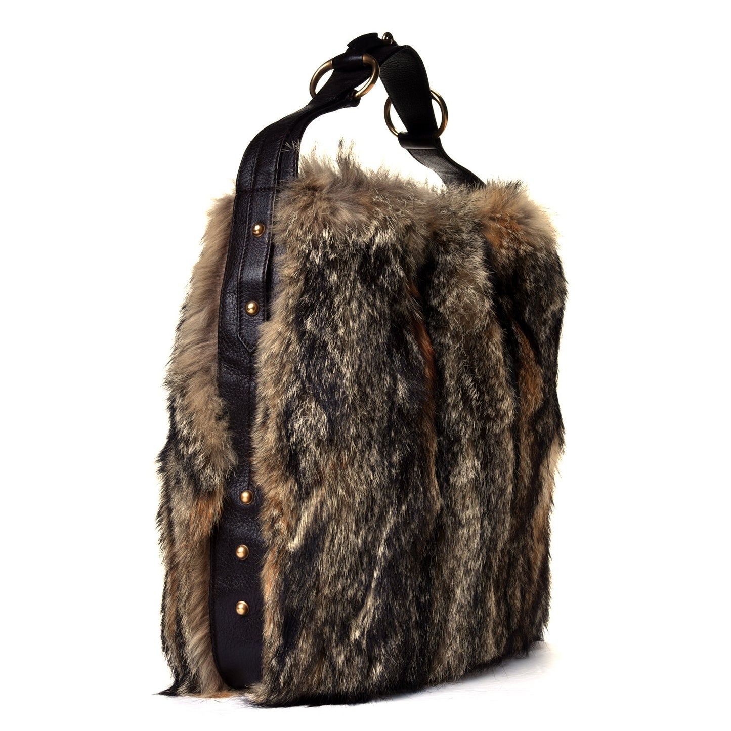 Raccoon Fur Large Horsebit Chain Hobo Brown