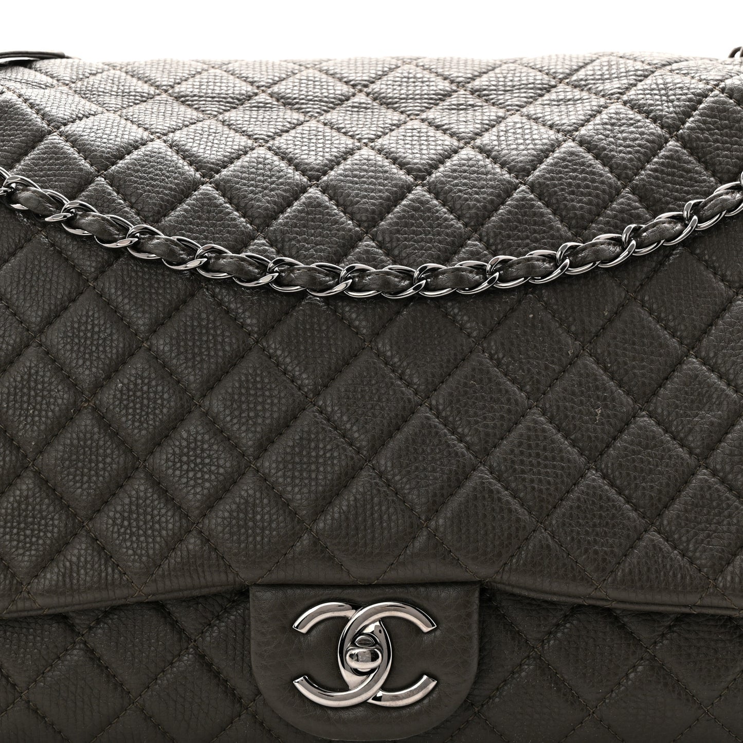 Calfskin Quilted XXL Travel Flap Bag Khaki