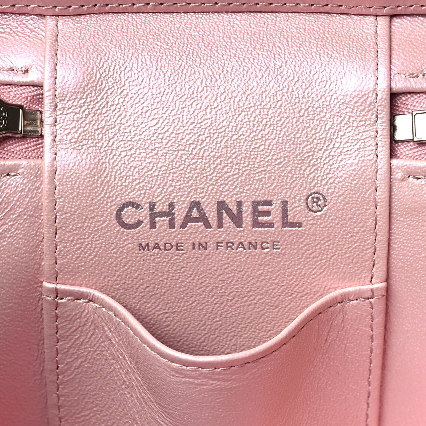 Iridescent Calfskin Quilted Small Top Handle Vanity Case With Chain Pink