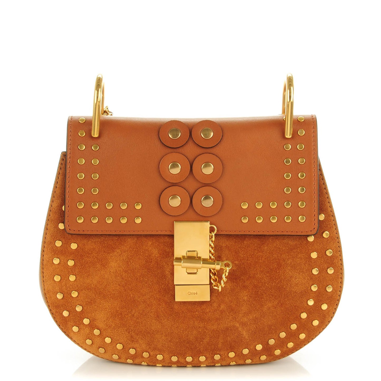 Suede Smooth Calfskin Studded Drew Shoulder Bag Caramel