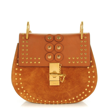 Chloe Suede Smooth Calfskin Studded Drew Shoulder Bag Caramel 1 of 7