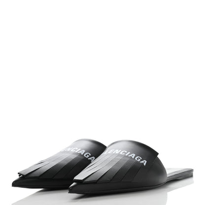 Balenciaga Nappa Pointed Toe Fringe Knife Logo Mules 41 Black White 3 of 9