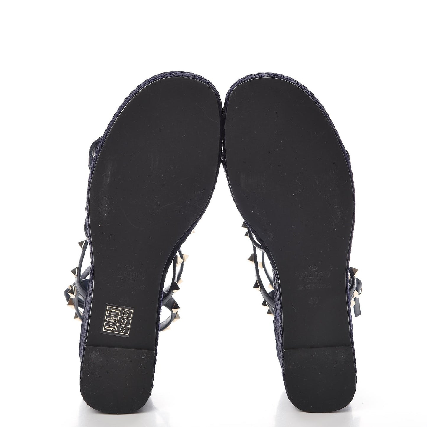 Calfskin Rockstud Ankle Strap Torchon Espadrille Caged Wedge Sandals 40 Navy