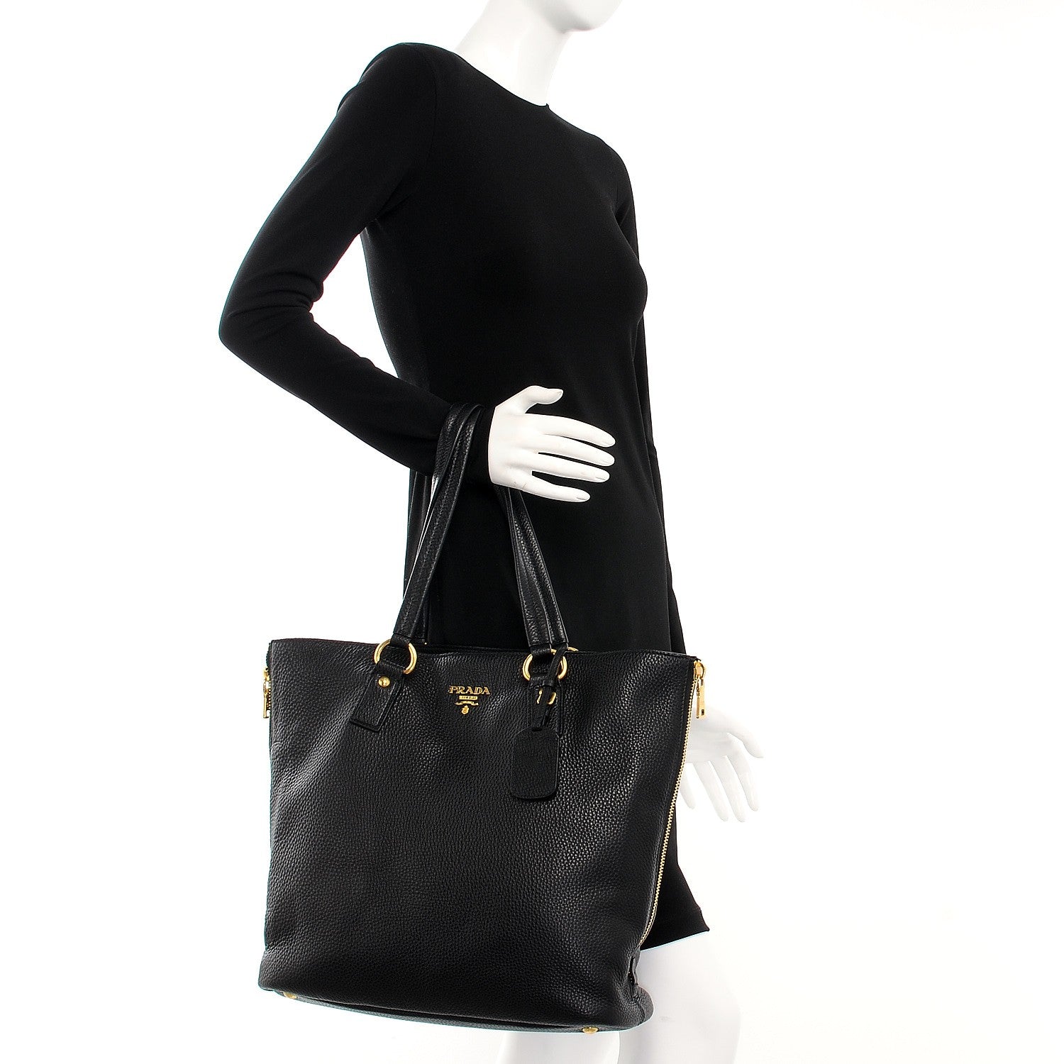 Prada Vitello Daino Side Zip Tote Black 2 of 7