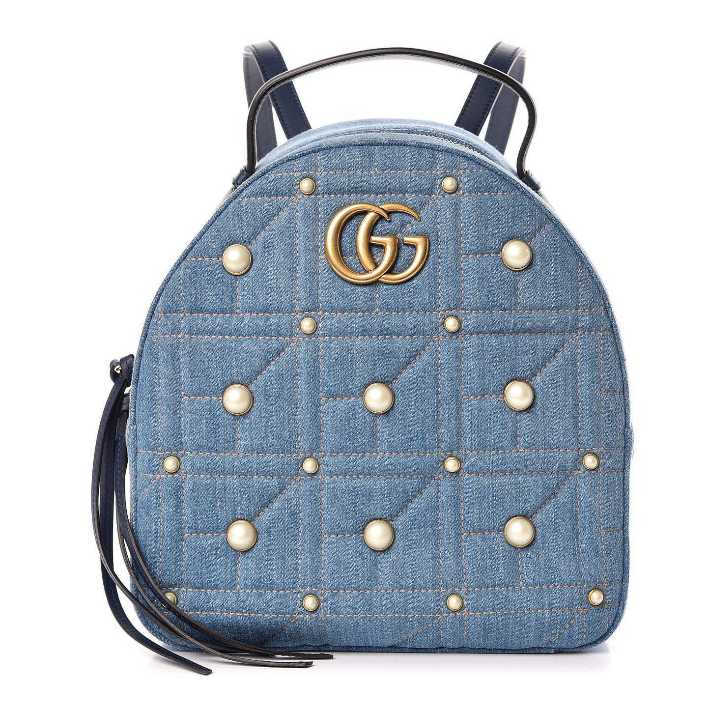 Kura Denim Matelasse Cubic Pearl Studded GG Marmont Dome Backpack Blue