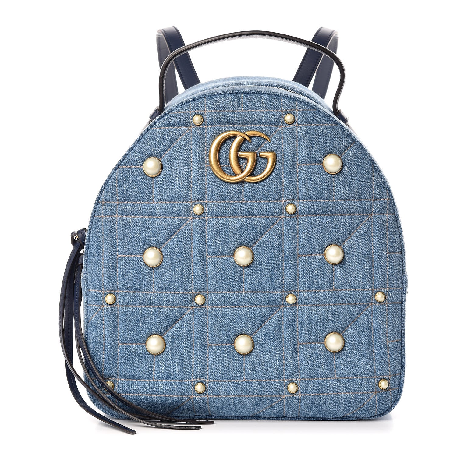 Gucci Kura Denim Matelasse Cubic Pearl Studded GG Marmont Dome Backpack Blue 1 of 13