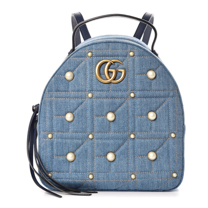 Gucci Kura Denim Matelasse Cubic Pearl Studded GG Marmont Dome Backpack Blue 1 of 13