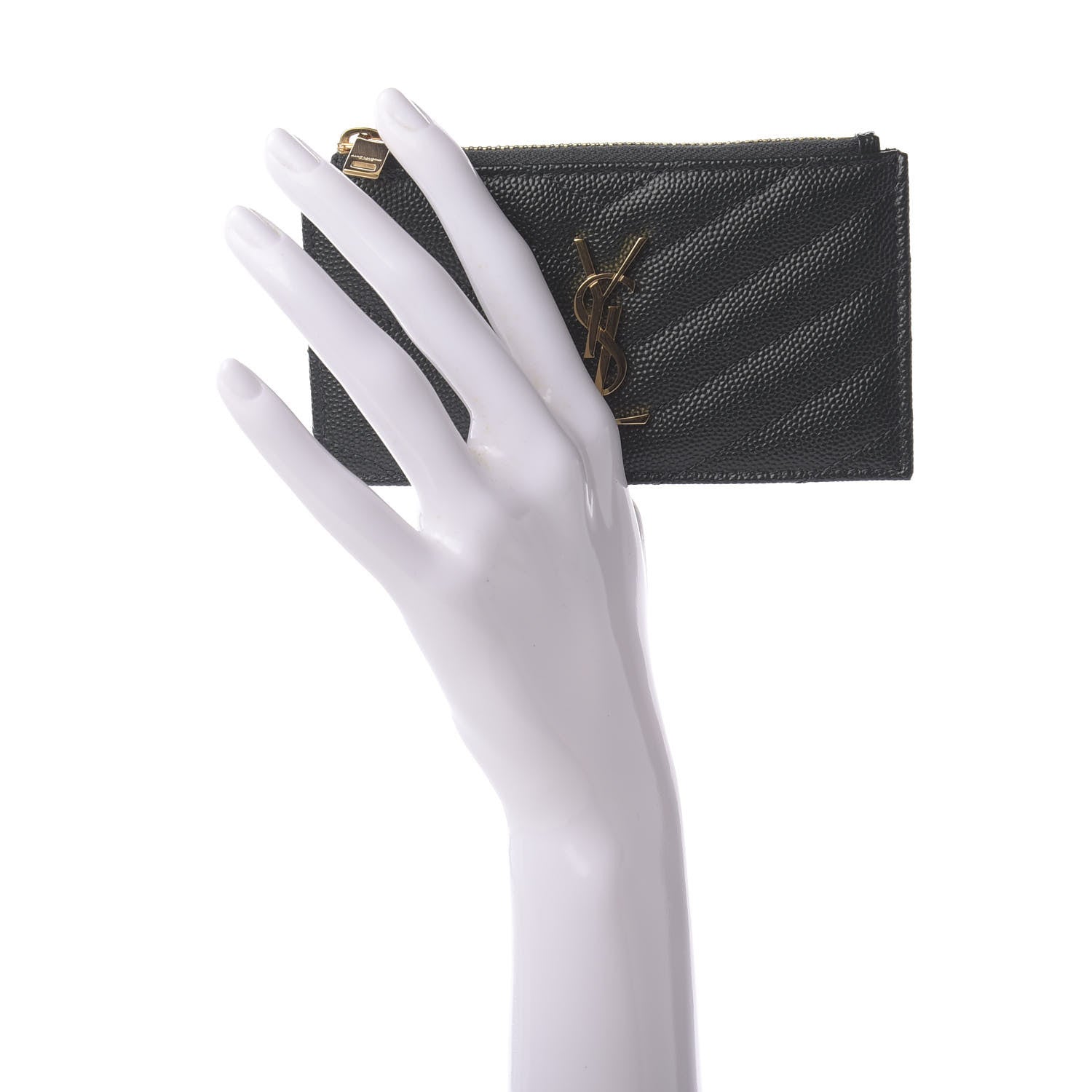 Saint Laurent Grain De Poudre Matelasse Chevron Monogram Fragments Zippered Card Case Dark Mint 2 of 8