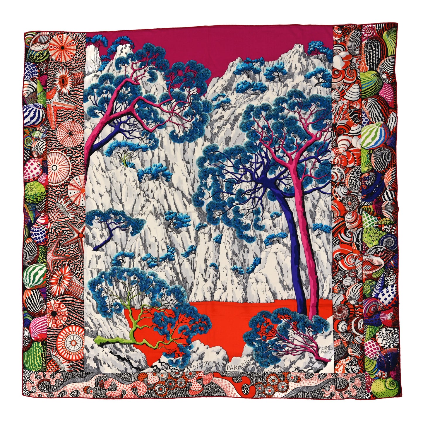Cashmere Silk Sieste Au Paradis Scarf 140 White Fuchsia Bleu