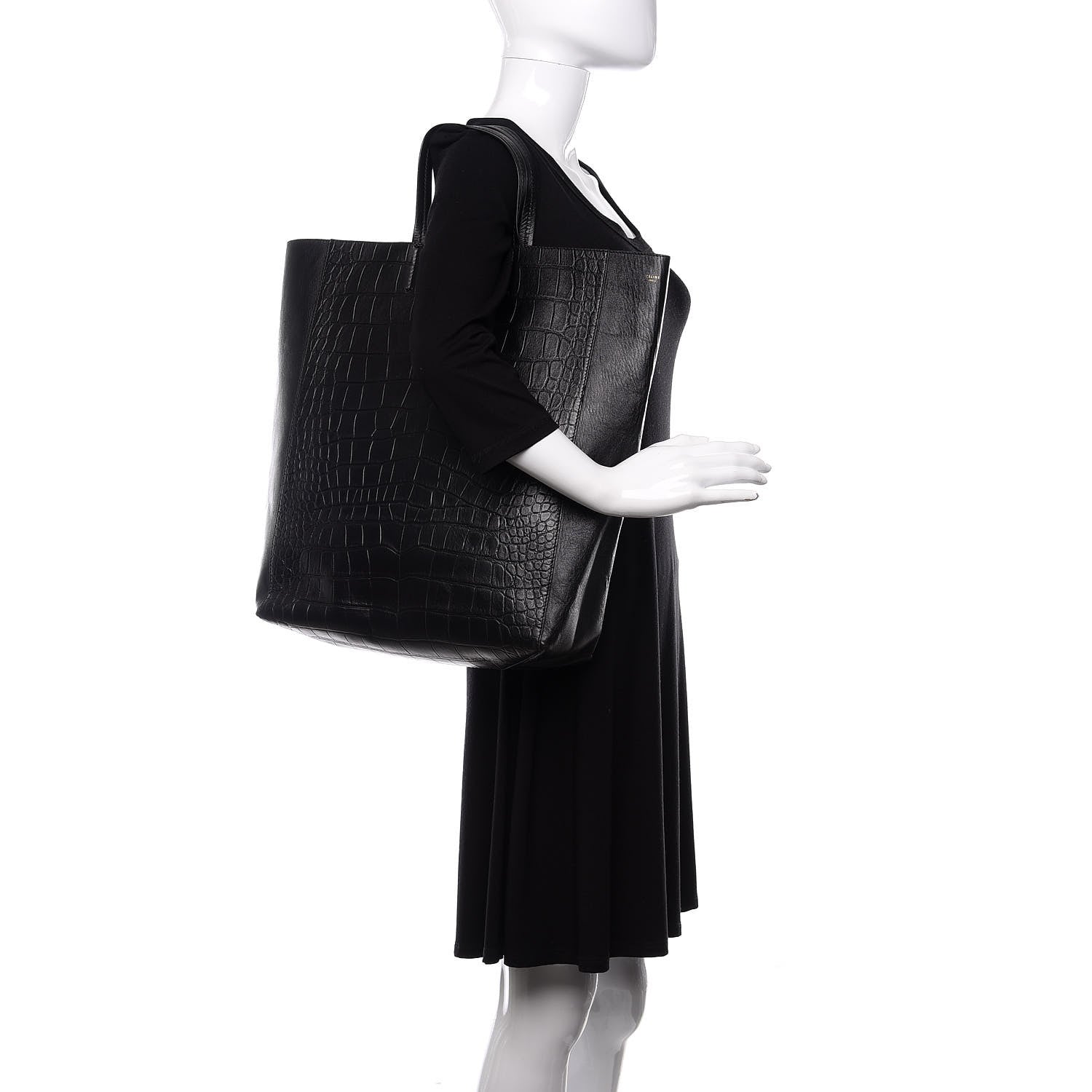 Celine Lambskin Crocodile Embossed Vertical Cabas Black 2 of 12