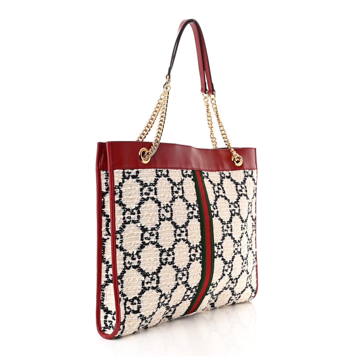 Gucci Tweed GG Monogram Large Rajah Chain Tote White Black Romantic Cherry 4 of 11