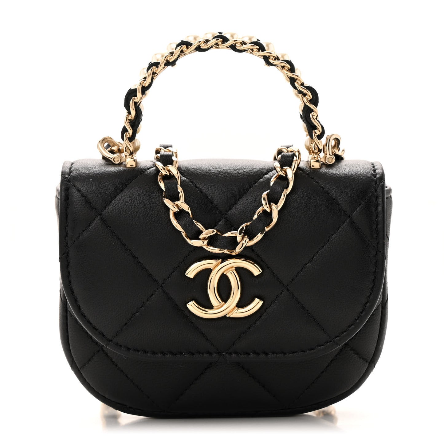 Lambskin Quilted Pearl Top Handle Clutch With Chain  Black