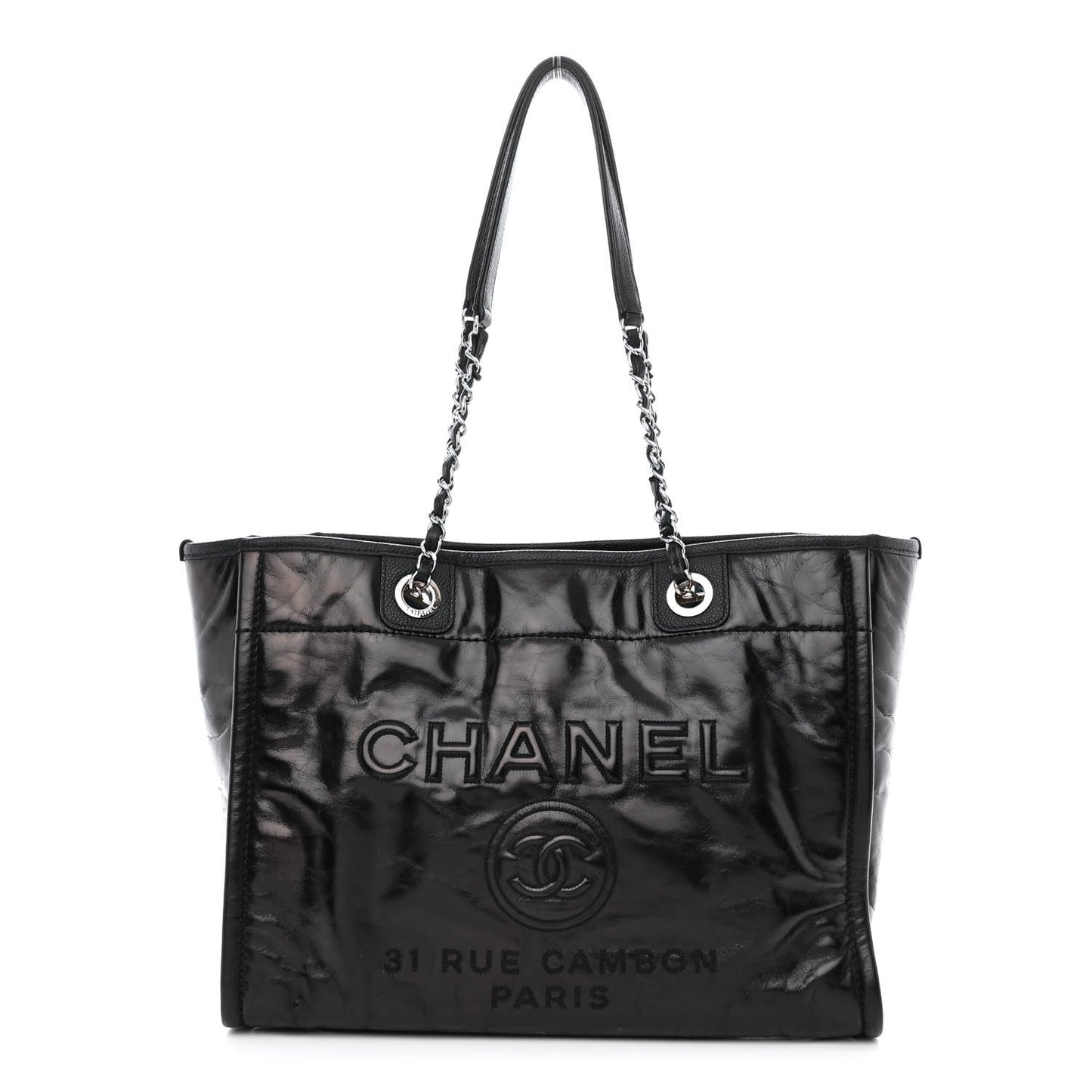 Glazed Calfskin Small Deauville Tote Black