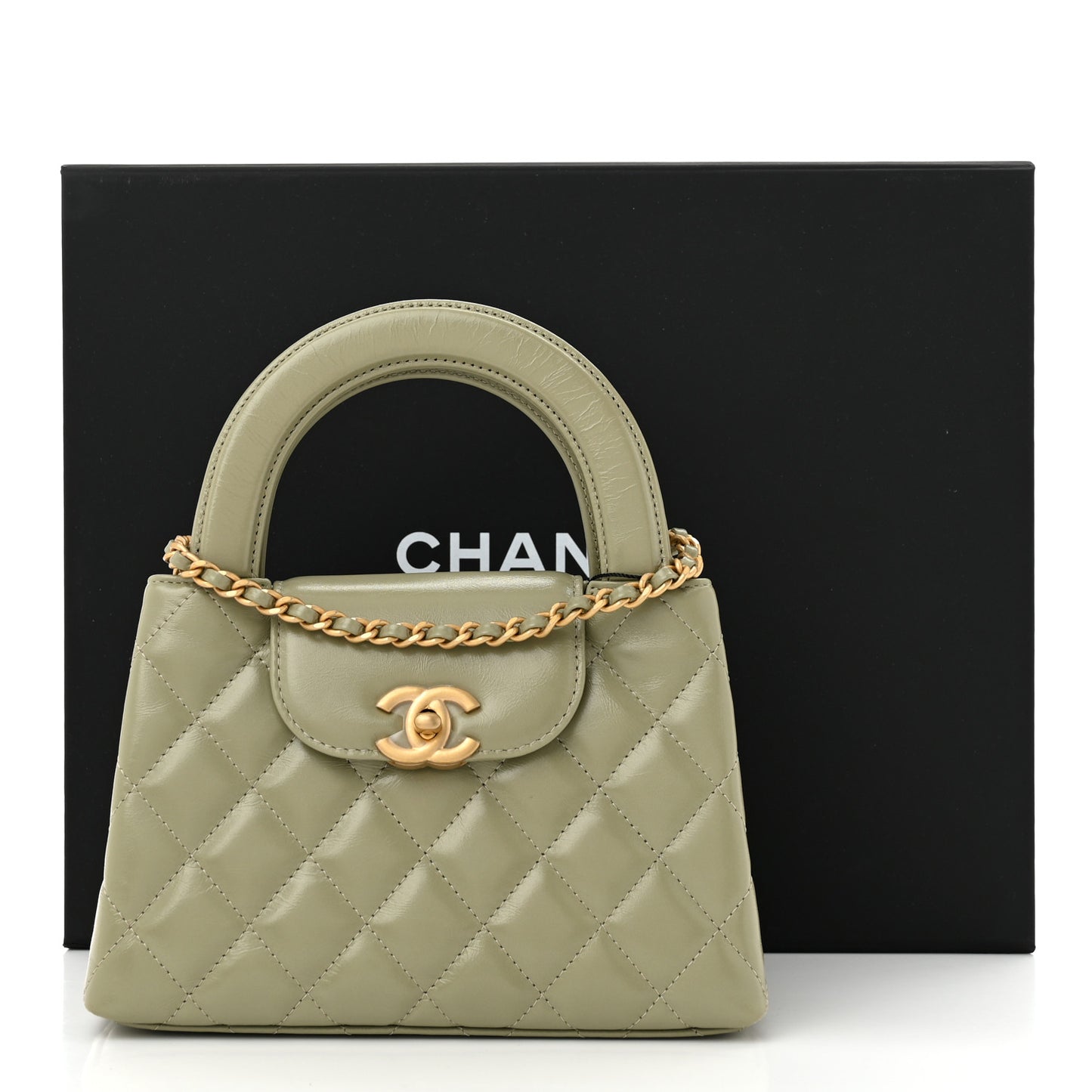 Shiny Aged Calfskin Quilted Nano Kelly Shopper Khaki