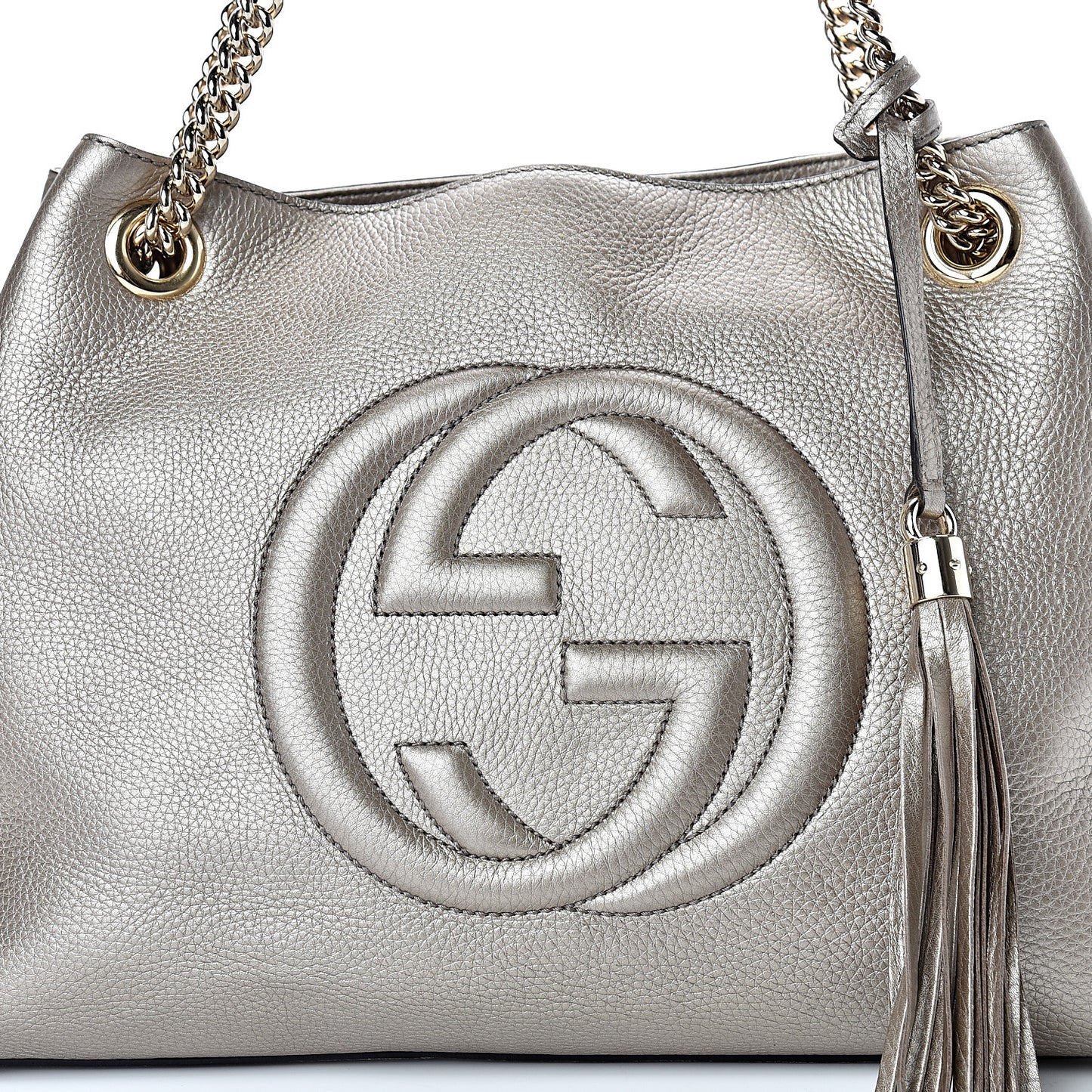 Metallic Pebbled Calfskin Medium Soho Chain Shoulder Bag Golden Beige