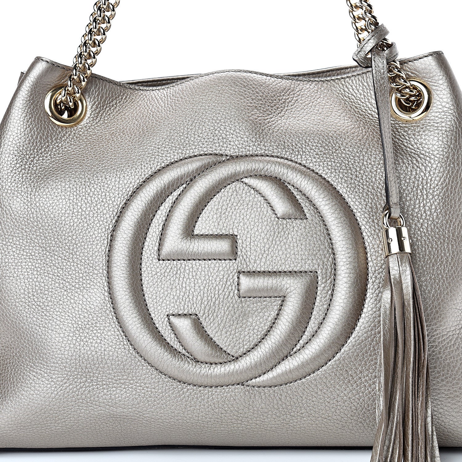 Gucci Metallic Pebbled Calfskin Medium Soho Chain Shoulder Bag Golden Beige 7 of 13