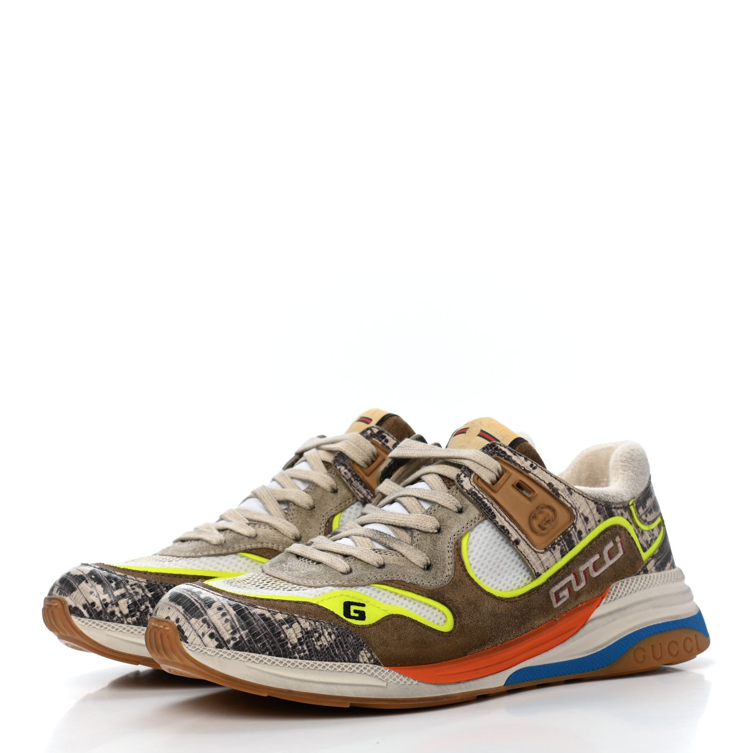 Gucci Suede Calfskin Tejus Printed Womens Ultrapace Sneakers 41 Natural Ardesia Neon Yellow 3 of 9