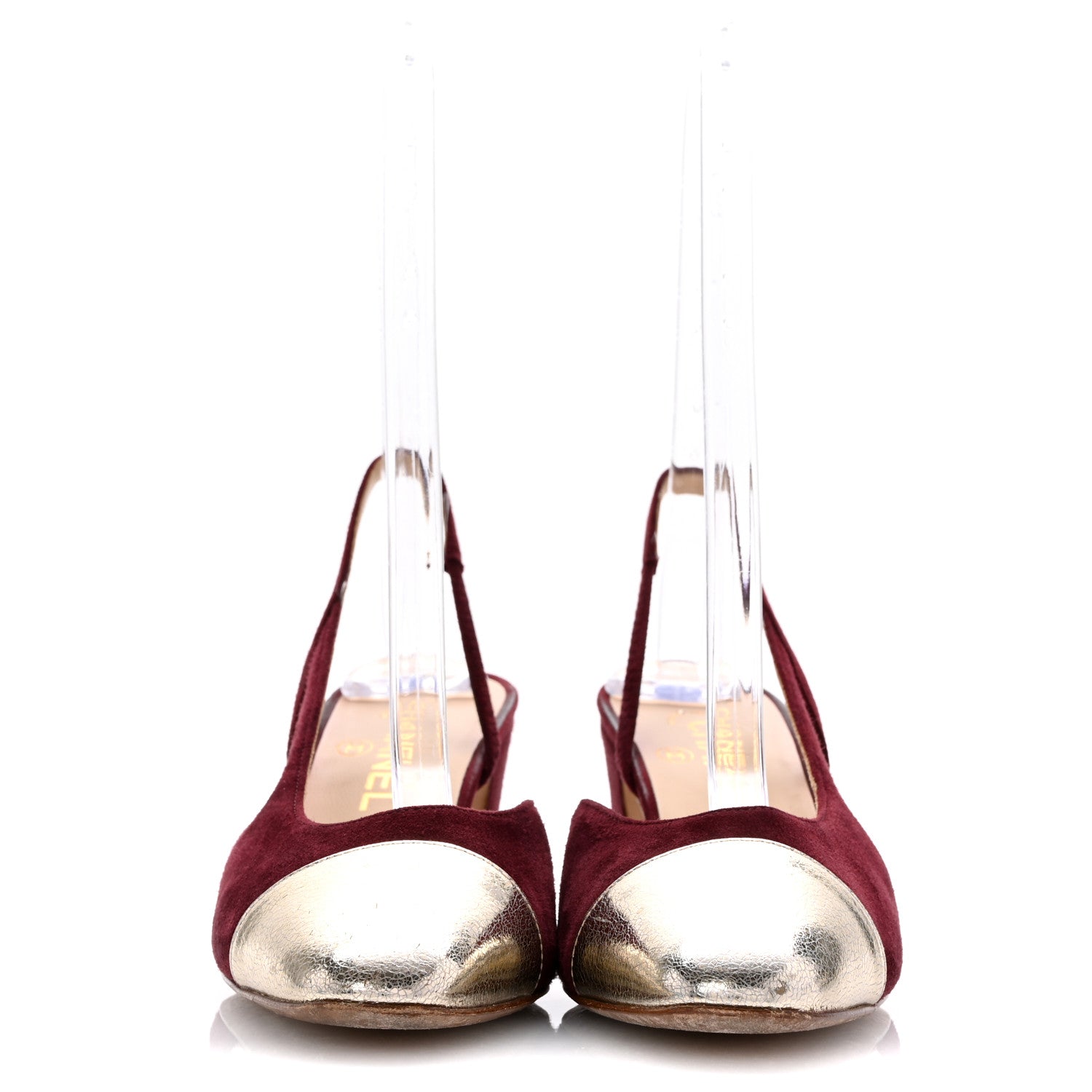 Chanel Kid Suede Metallic Lambskin Cap Toe CC Slingback Pumps 37.5 Burgundy Gold 3 of 12