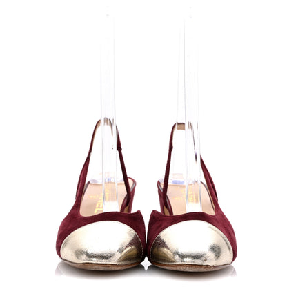 Chanel Kid Suede Metallic Lambskin Cap Toe CC Slingback Pumps 37.5 Burgundy Gold 3 of 12